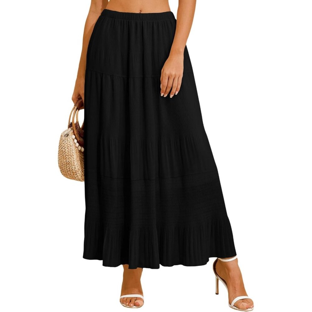 Women's Black 100% Polyester Chiffon Tiered A-Line Long Flowy Casual Maxi Skirt